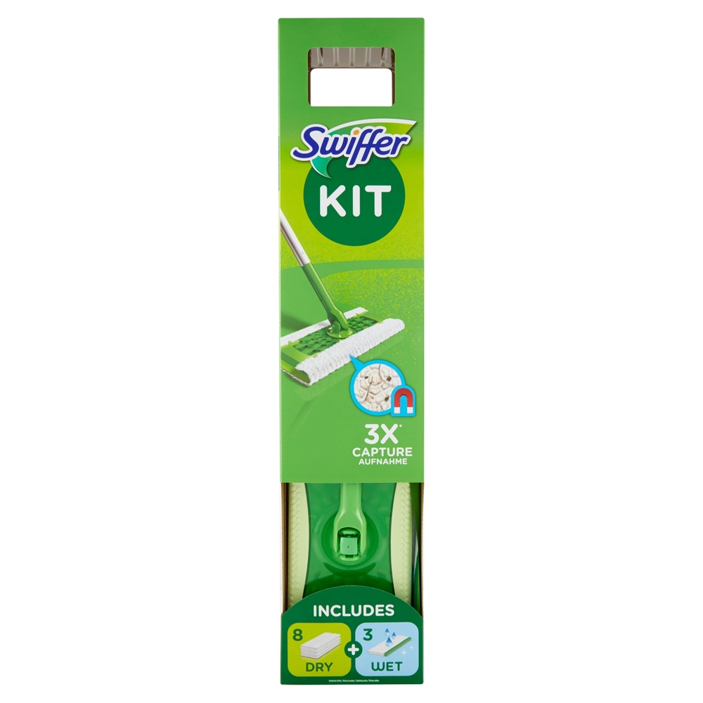 Swiffer Starter Kit Preassemblato-Scopa con 1Manico+8Panni Catturapolvere+3Panni Umidi Lavapavimenti